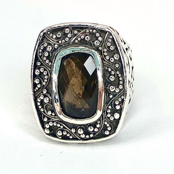 LOIS HILL Sterling Silver Smokey Topaz Granulated Caviar Cut Out Cocktail Ring - Picture 8 of 17
